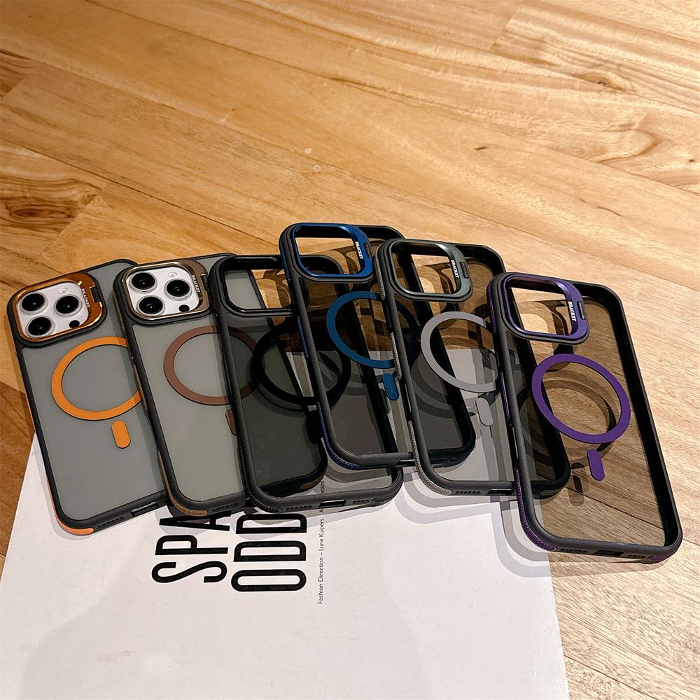 KEYSION Transparent Magnetic Lens Stand Case for MagSafe for iPhone 14 15 16 Pro Max 16 Plus Color Blocking Shockproof Phone Cover