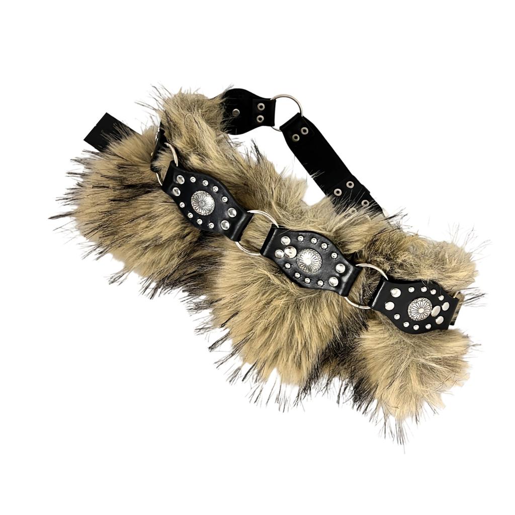 Retro Cowgirl Style Waistband Studded Faux Furry Belt Adjustable Length Waist Girdle Gothic Unisex Clothing Accessory