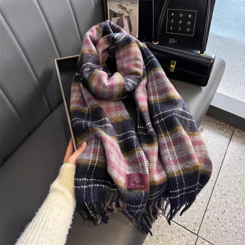 Autumn and Winter Scarf Women's Winter Double sided Plaid High End Tassel Thickened Warm Plum Sauce Purple Scarf