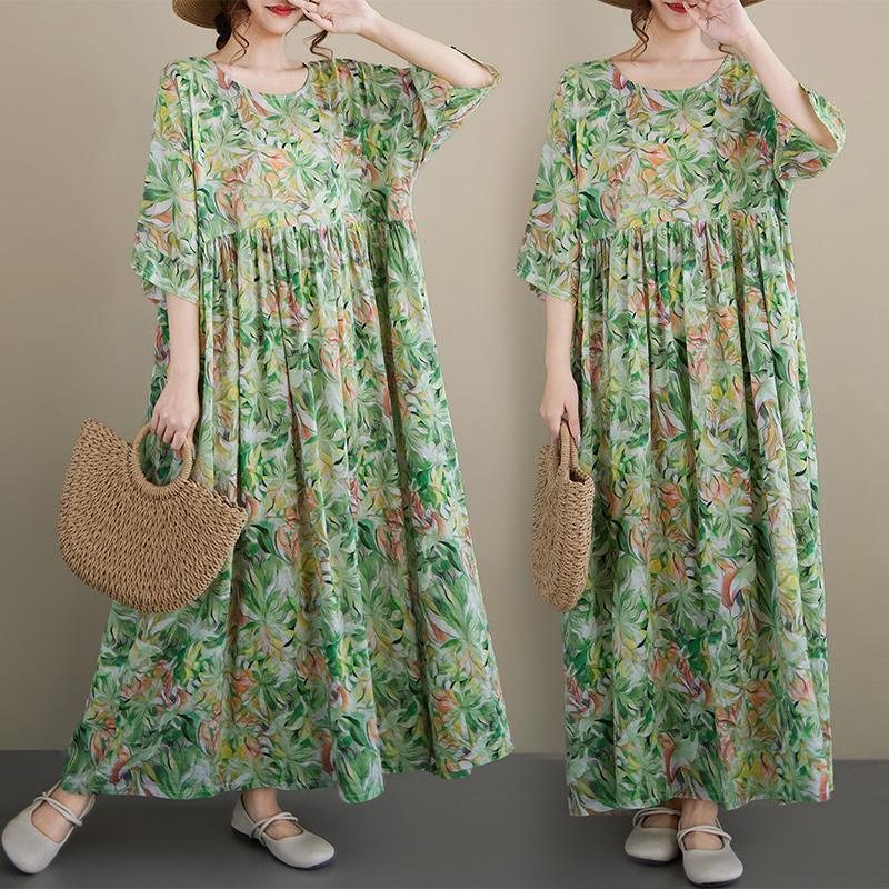 DIMANAF New 2026 Summer Beach Women Plus Size Lady Long Dress Loose Oversize Vintage Maxi Floral Print Cotton