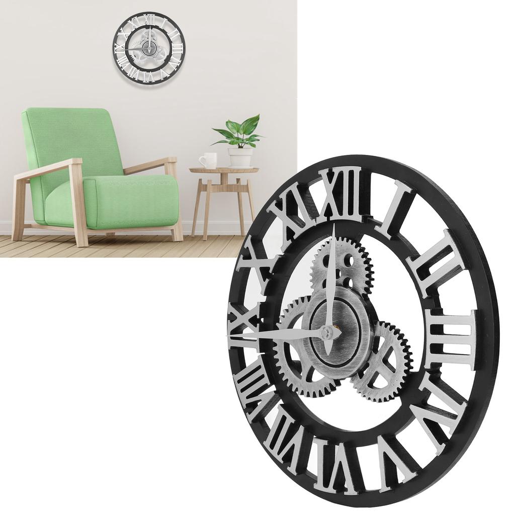 Large 3D Retro Wall Clock 34CM Vintage Wooden Gr Wall Clock Numerals Industrial   Clocks for Home Living Room Decoration