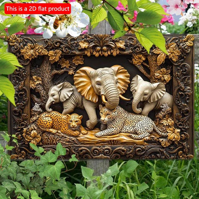 2D Flat Wooden Sign 30*20cm Vintage Elephant & Leopard Jungle Scene Wooden Wall Art, Decorative Sign for Home, Office, or Outdoor Decor, Perfect Room