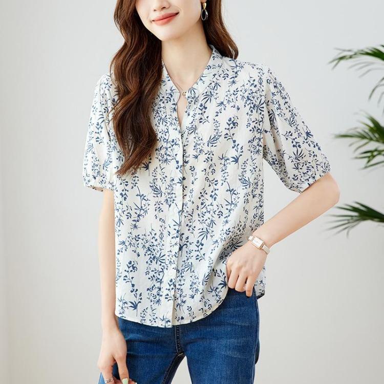 New Chinese Style Women Summer Short Sleeve Shirt Blue White Porcelain Floral Print Youthful Age Reducing Tee