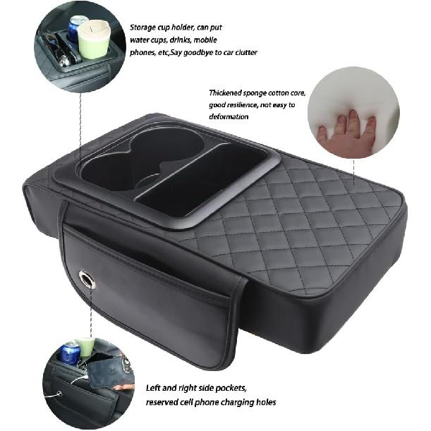 Universal Car Armrest Cushion Organizer - PU Leather Center Console Pad With Cup Holder, Phone Storage & Side Pockets, Multifunctional Armrest Cover