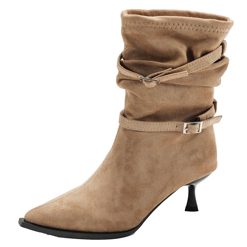 Queen Fan Khaki retro pointed stiletto boots women's 2025 new autumn with skirt heightening short boots