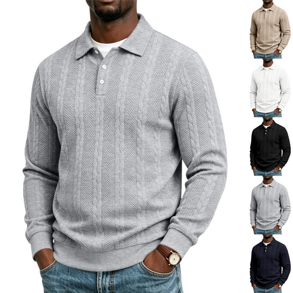Men's Casual Cable Knit Long Sleeve Sweatshirt with 3-Button Collar