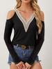 Elegant Lace V-Neck Applique Sleeve Hollow Out Long Sleeve Solid Color T-Shirt Skinny T-Shirt Women Versatile Closet Essential Fashion Items Shirt