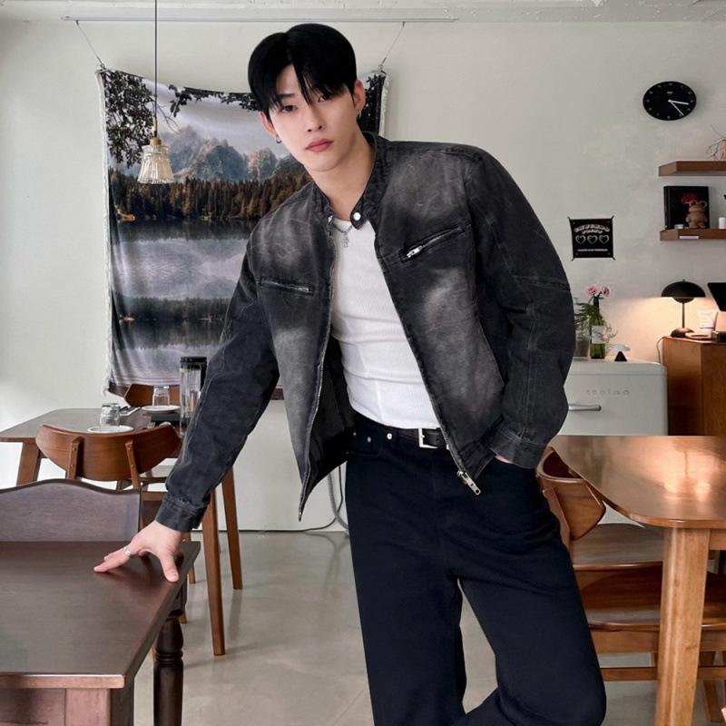 

Короткая джинсовая куртка Pi Shuai, мужская осенняя свободная куртка с воротником-стойкой в корейском стиле, модный дизайн M чёрный