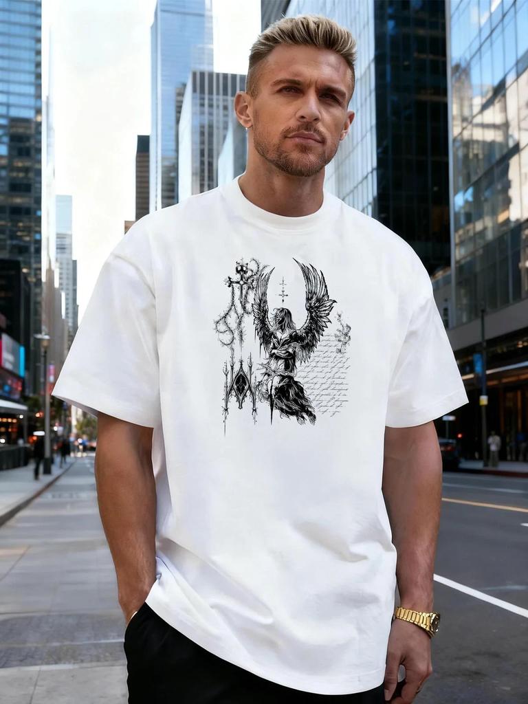 Gothic Angel Wing Graphic Cotton Men's T-Shirt, Suitable for Daily Streetwear