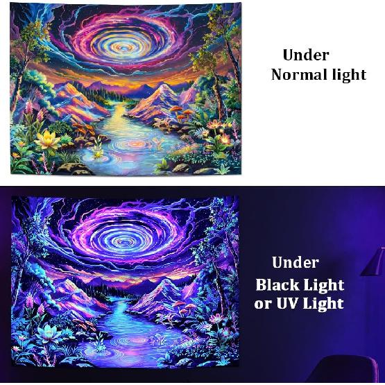 Leofanger Blacklight Galaxy Space Tapestry Colorful Starry Sky Tapestry UV Reactive Neon Plant Floral Wall Tapestries Trippy Mountain Tapestries Wall