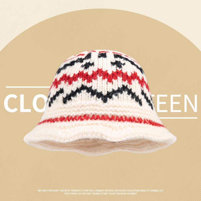 Vintage mixed-color knitted pattern hand-woven wool hat women's winter warm crimped ear hat women