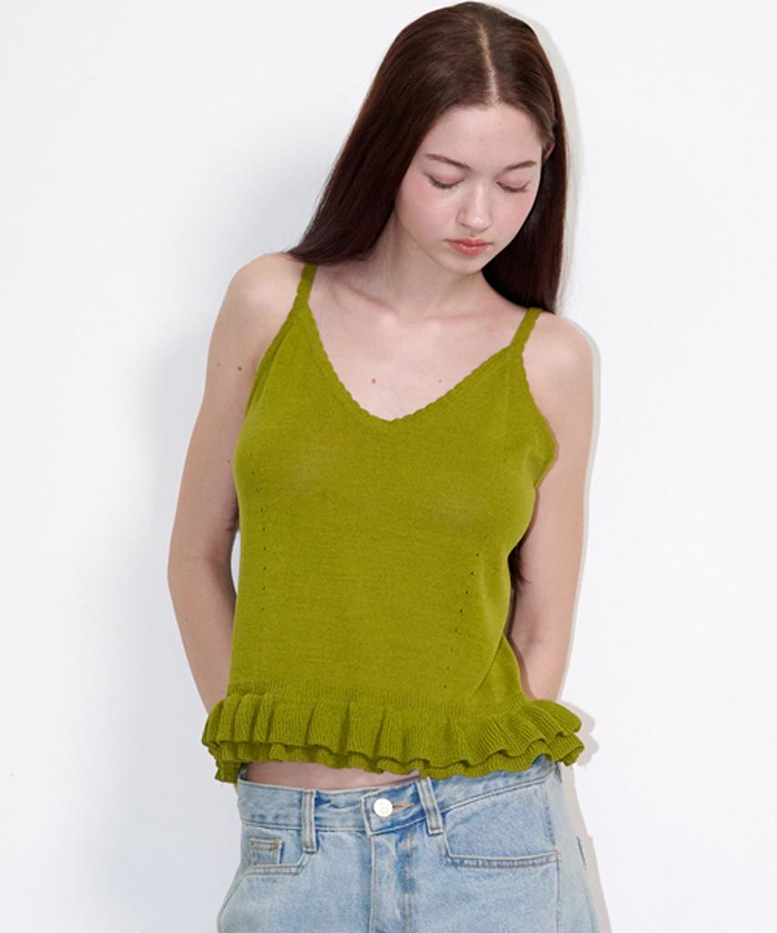 OPENING SUNSHINE Sleeveless Frill Linen Knit Top Olive