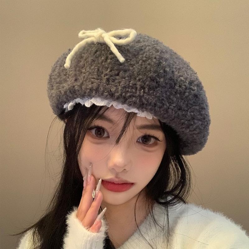 Autumn And Winter Cute Hairy Bow Lace Beret Hats For Women Daily Wear Travel Pography Warm Fashion Versatile Painter Hata