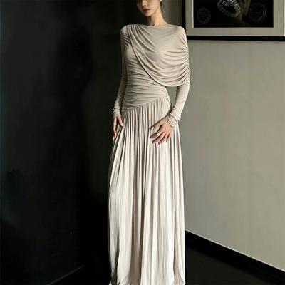 Spring Temperament Celebrity Style Splicing Pleated Long-sleeved Dress Slim and Thin Solid Color Long Dress Women's Clothing