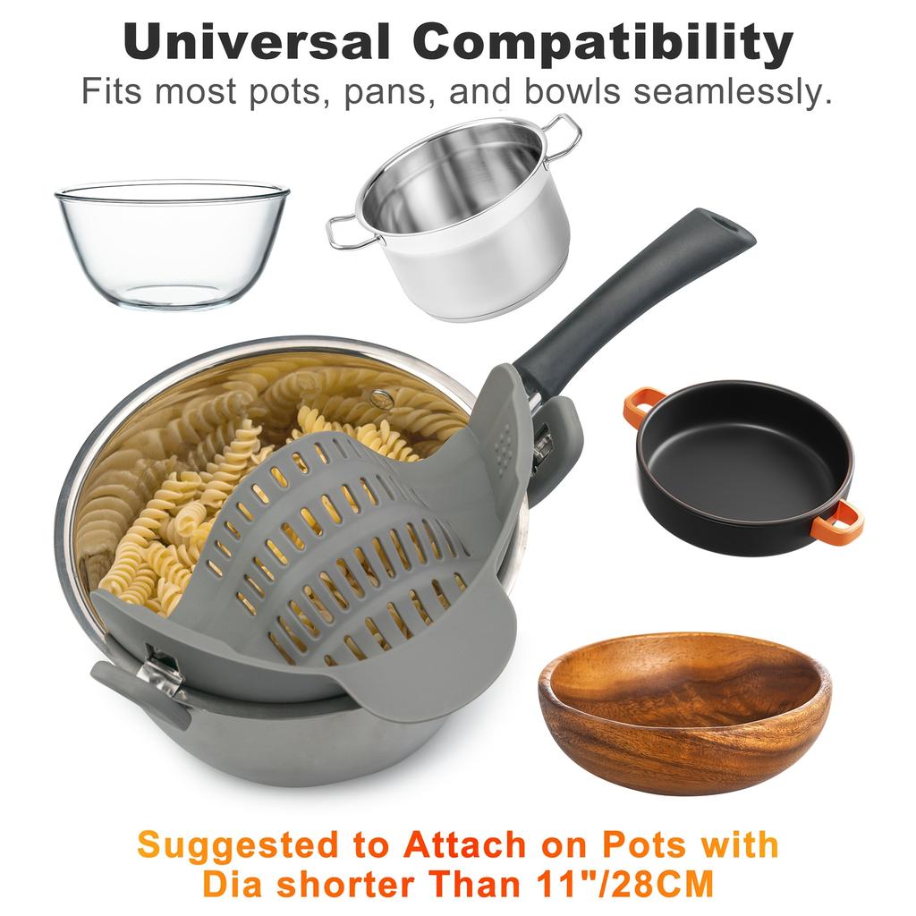 Clip-On Strainer for Pots & Pans Durable Plastic Kitchen Colander for Pasta, Meat, Vegetables, Fruits Clamp Filter