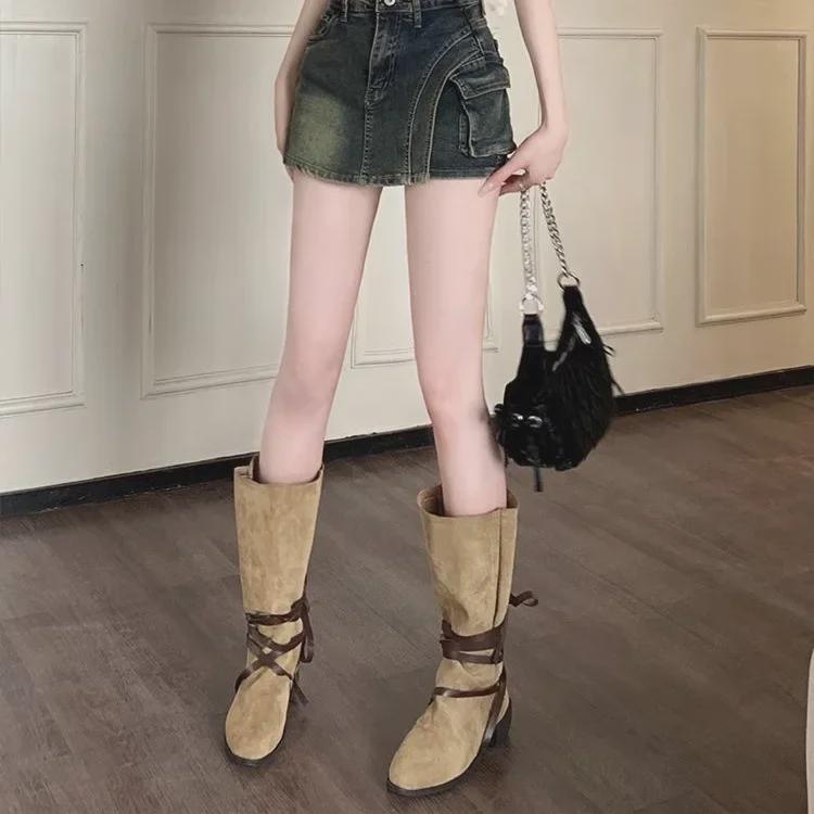 High-Waisted Retro Denim A-Line Skirt with Built-In Shorts