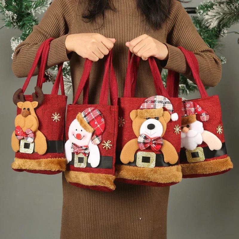 Reusable Christmas Gift Bag 2025, Linen Santa Claus Candy Bag for Kids, Holiday Treat Handbag & Xmas Eve Gift Storage Decoration