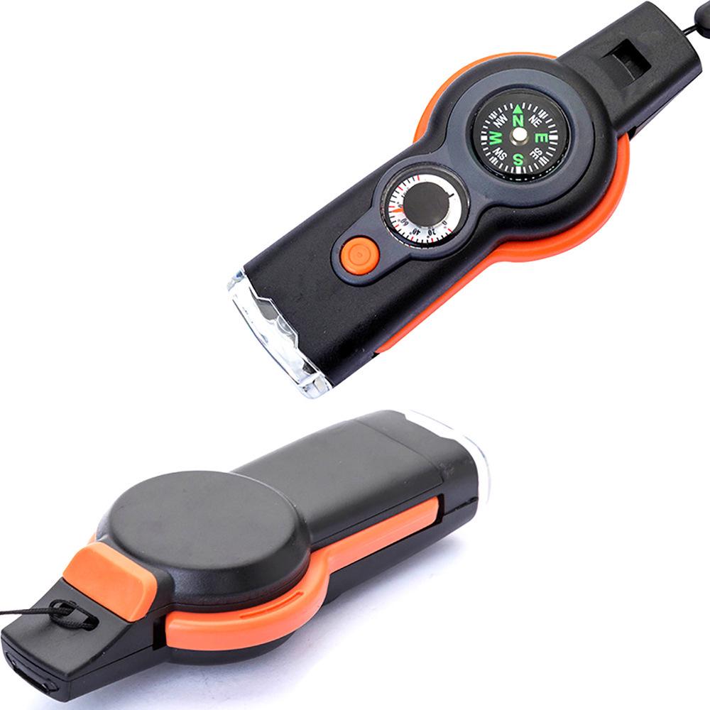 Outdoor Multifunctional 7-in-1 Survival Whistle with LED, Thermometer, and Compass