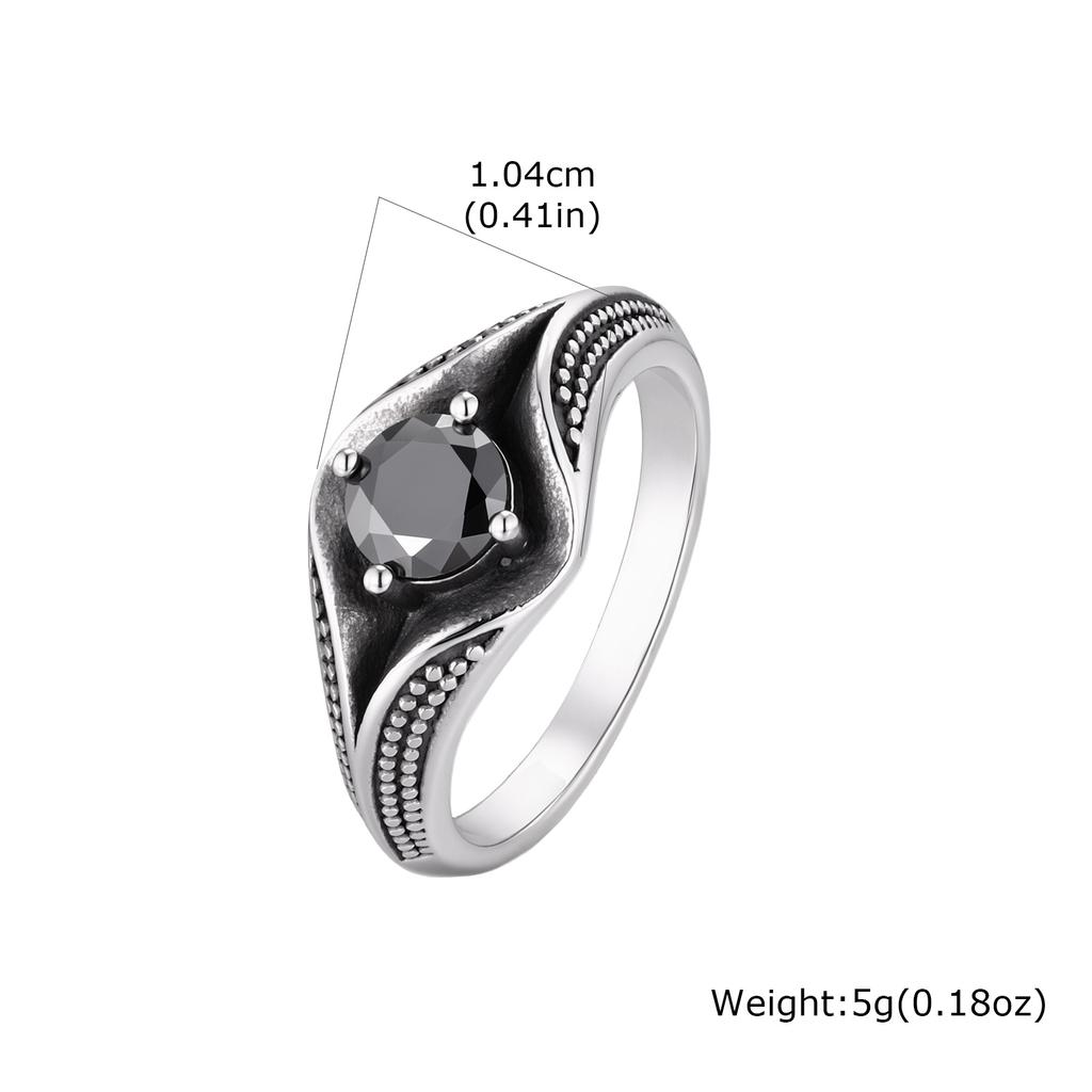 Vintage Black Zircon Ring for Men Women,Stainless Steel Antique Silver Color Signet Ring,Gothic Punk Statement Jewelry Gift