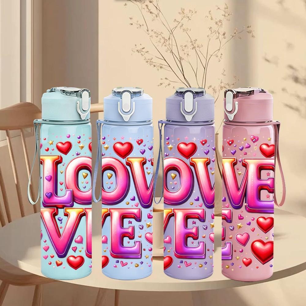 1PC Love Heart Valentine Lettering 750ml Color Plastic Sports Water Bottle Leakproof Flip Straw Lid Suitable for Sports Office Home Use