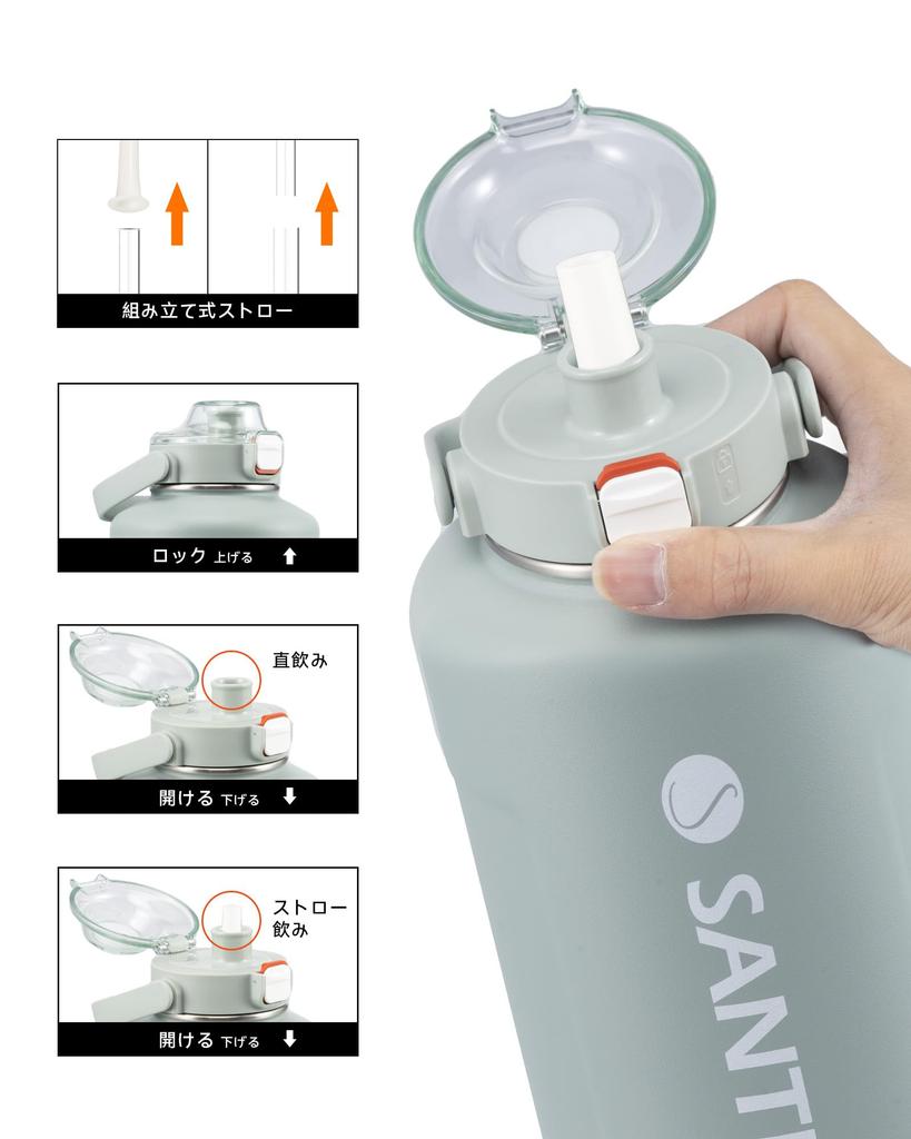 SANTECO Thermos Water Large with Direct Stainless Vacuum Blue Gray Bottle, Insulated, Capacity, 1900ml, Straw, Drinking, Steel, Insulated,