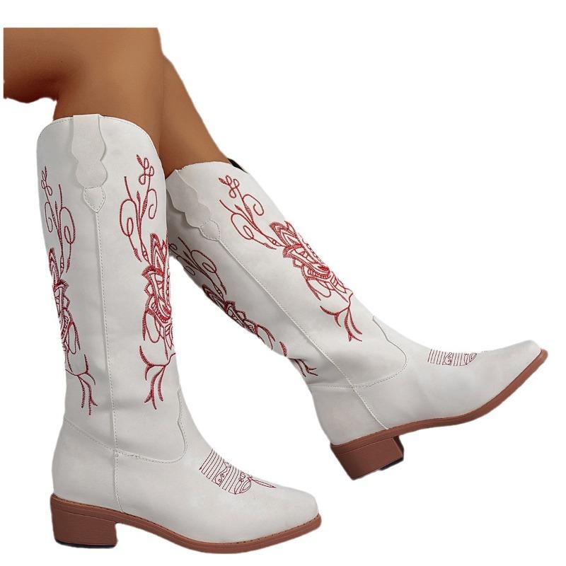 Plus Size Women Embroidered Chunky Heel Knee High Riding Boots