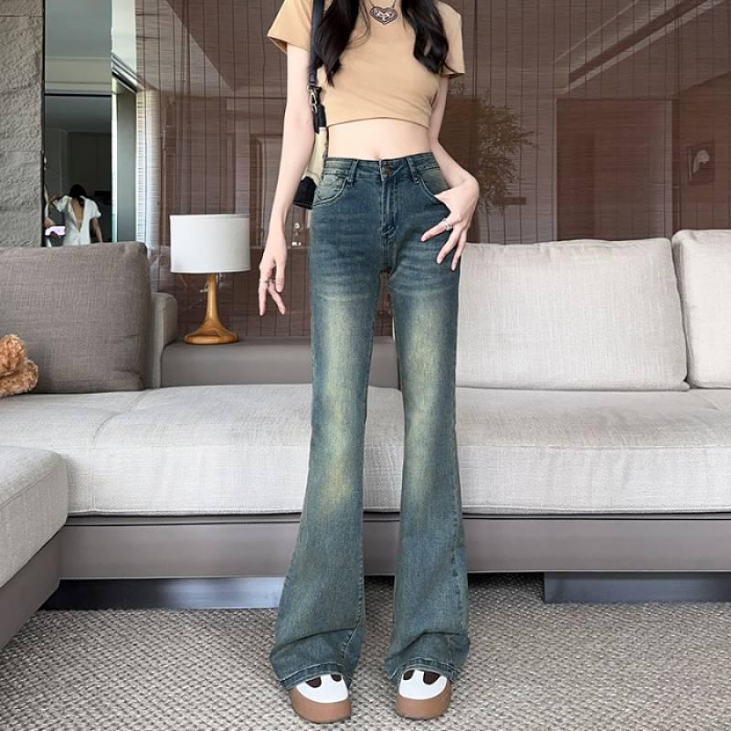 American Spicy Girl Low-Rise Distressed Flare Wide-Leg Jeans - Women s Fashion Stretchy, Washed Floor-Length Pants S