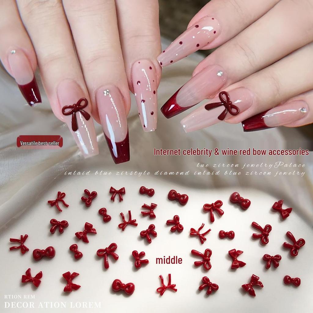 Ancola Burgundy Red 3D Resin Bow Nail Art Accessories - New Year Edition