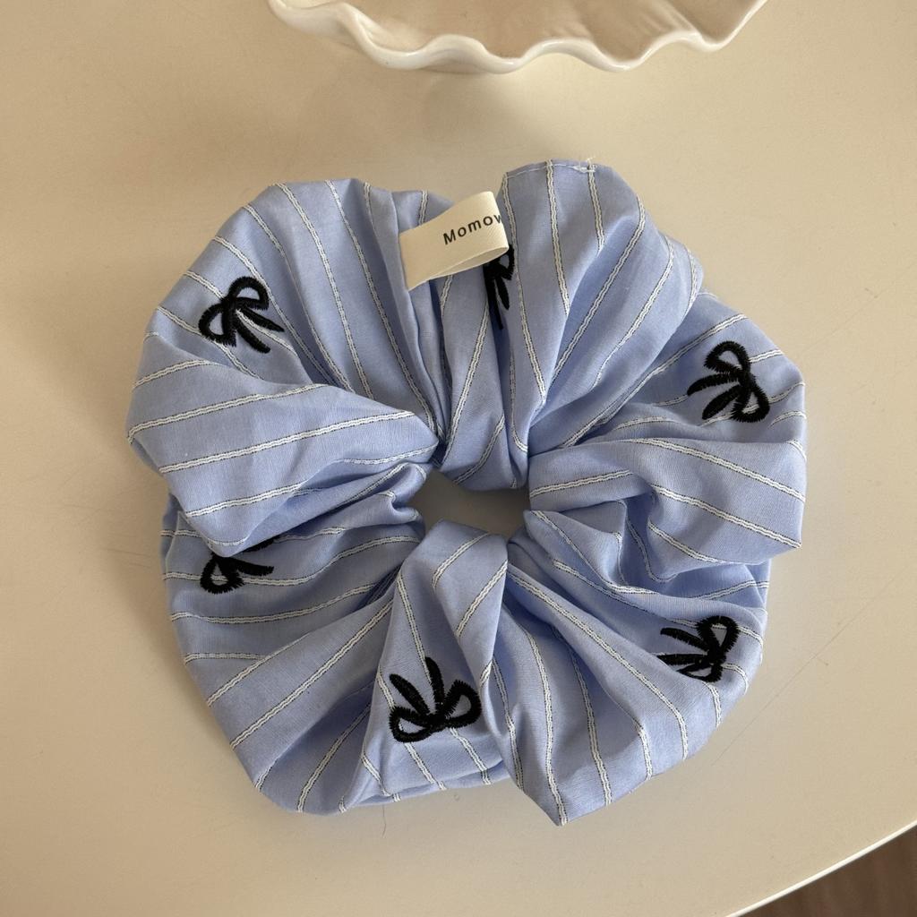 Fresh Blue Embroidered Bow Striped Elastic Hair Band Sweet Fashion Ponytail Headdress Textured Hair Accessories