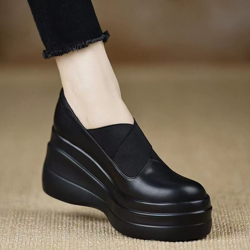 Not tired feet single shoes 2025 comfortable wedge heel loafers autumn versatile wedge heel small leather shoes high heel casual shoes