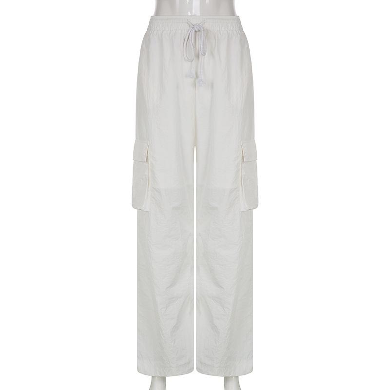 2022 Lässige Taschen Elastischer Bund Damen Hose Weiß Frühling Hohe Taille Schnürung Sporthose Mode Gerade Hose