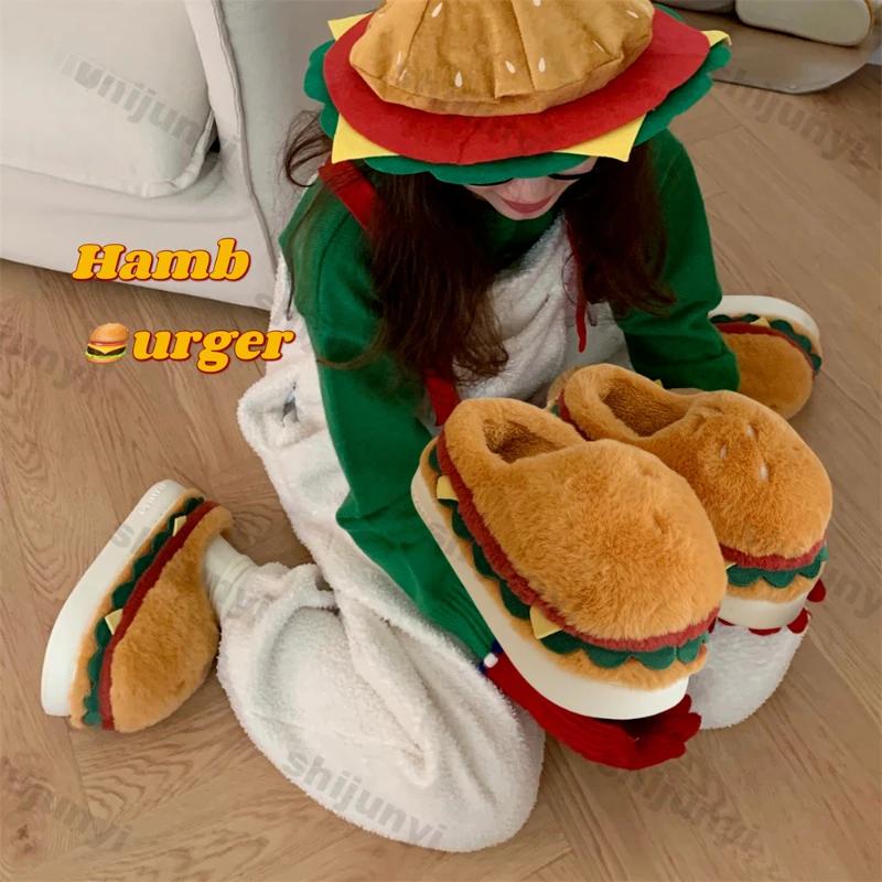 Dámské domácí teplé bavlněné pantofle Zimní nové pár Roztomilý hamburger Umělá kožešina Zesílené plyšové Nadýchané boty Dámské Vnitřní Teplé Nazouváky