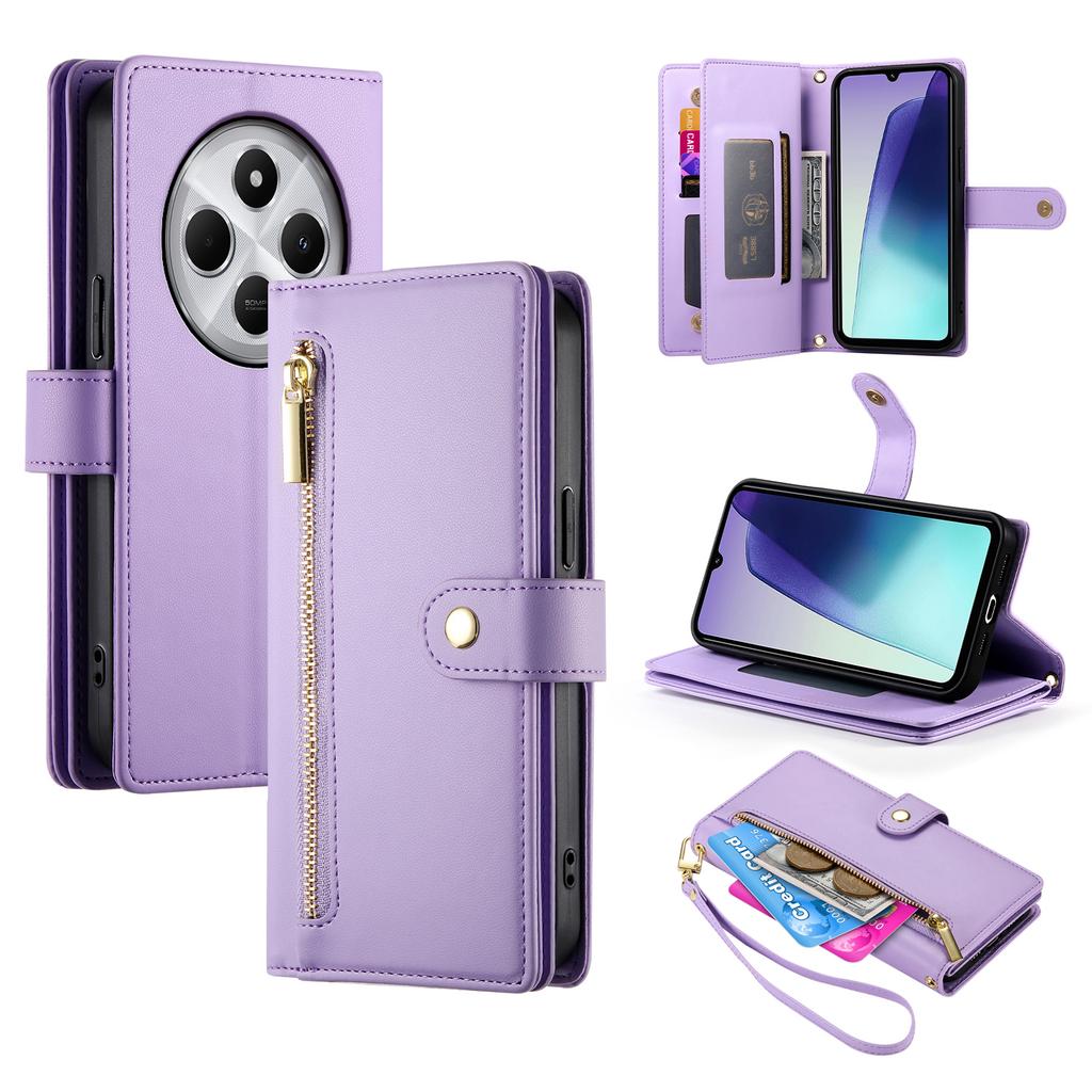 DF-011 Leather Case For Xiaomi Poco C75 4G/Redmi 14R 5G/14C 4G Zipper Pocket Wallet Phone Cover with Straps