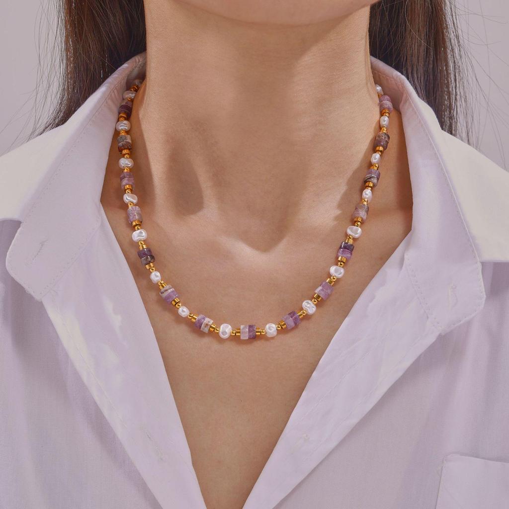 Qiong Yao French Retro Necklace with Natural Stone, Shell Beads, and Purple Crystal Titanium Steel