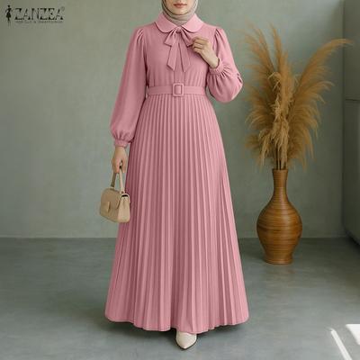 Damen Freizeit Puppenkragen Locker Langarm Muslimisches Langes Kleid