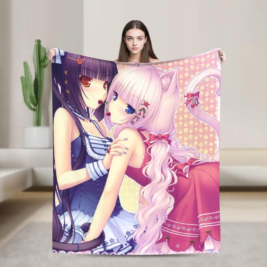 Kawaii Nekopara Anime Catgirls Blankets Fleece  Super Warm Throw Blankets for Outdoor Travel Bedroom Quilt