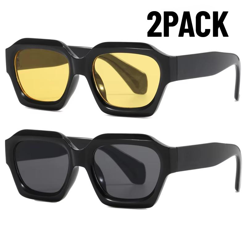 2PCS New Fashion Black Small Rectangular Thick Frame Sunglasses for Men and Women Rectangular Summer Wear Outdoor Travel Shades