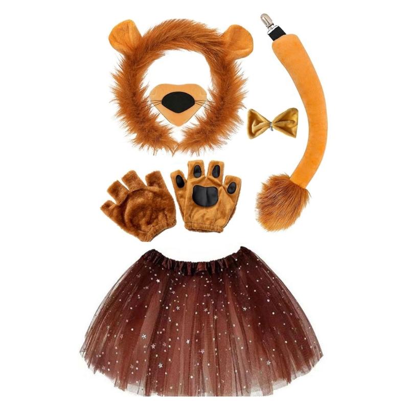 Animal Cosplay Costume for Kid Birthday Cosplay Party, Halloween Lion Dress up Costume, Lion Hairband, Tail, Bowtie