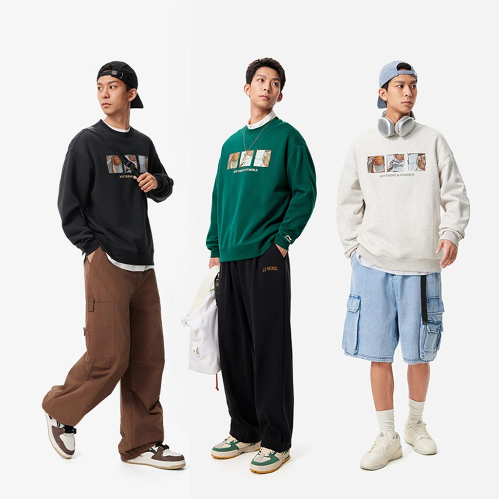 Li Ning Sports Lifestyle Series Round Neck Printed Letter Warm Fleece Pullover Sweatshirt Unisex Sweatshirt Lush-Green AWDUC91-3