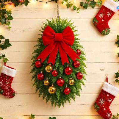 1/2Pcs Christmas Teardrop Swag Wreath with Norfolk Pine Greenery Stairway Swag Red Bow Balls Winter Xmas Hanging Garland Decoration