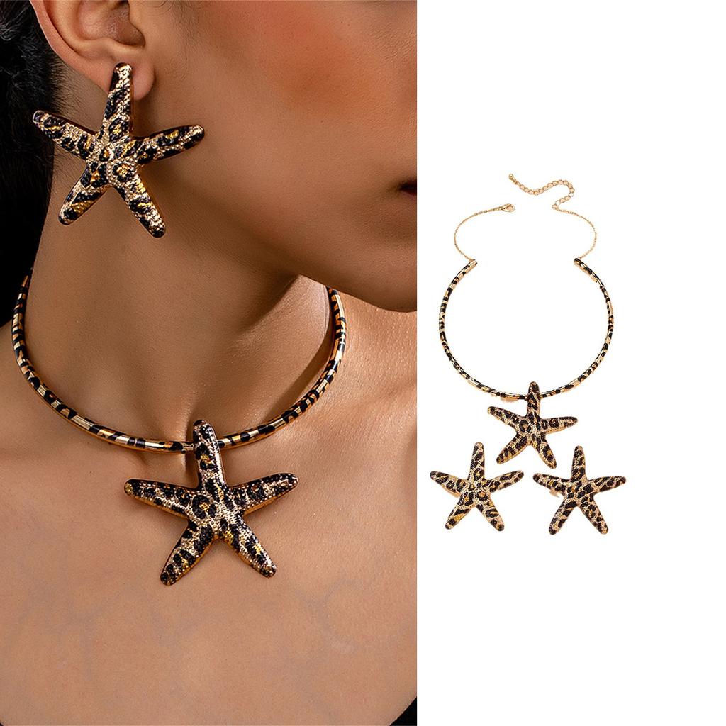 Stylish Leopard Pattern Starfish Necklace and Earring Trendy Women's Jewelry Set Elegant Accessories for Beach Vacations