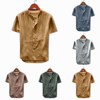 Fashion Men's Summer Button Casual Linen And Cotton Short Sleeve Top Blouse