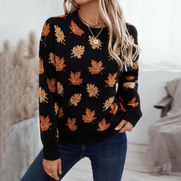 Lockerer Strickpullover Vintage Print Langarm Rundhalsausschnitt für Herbst Winter Pullover