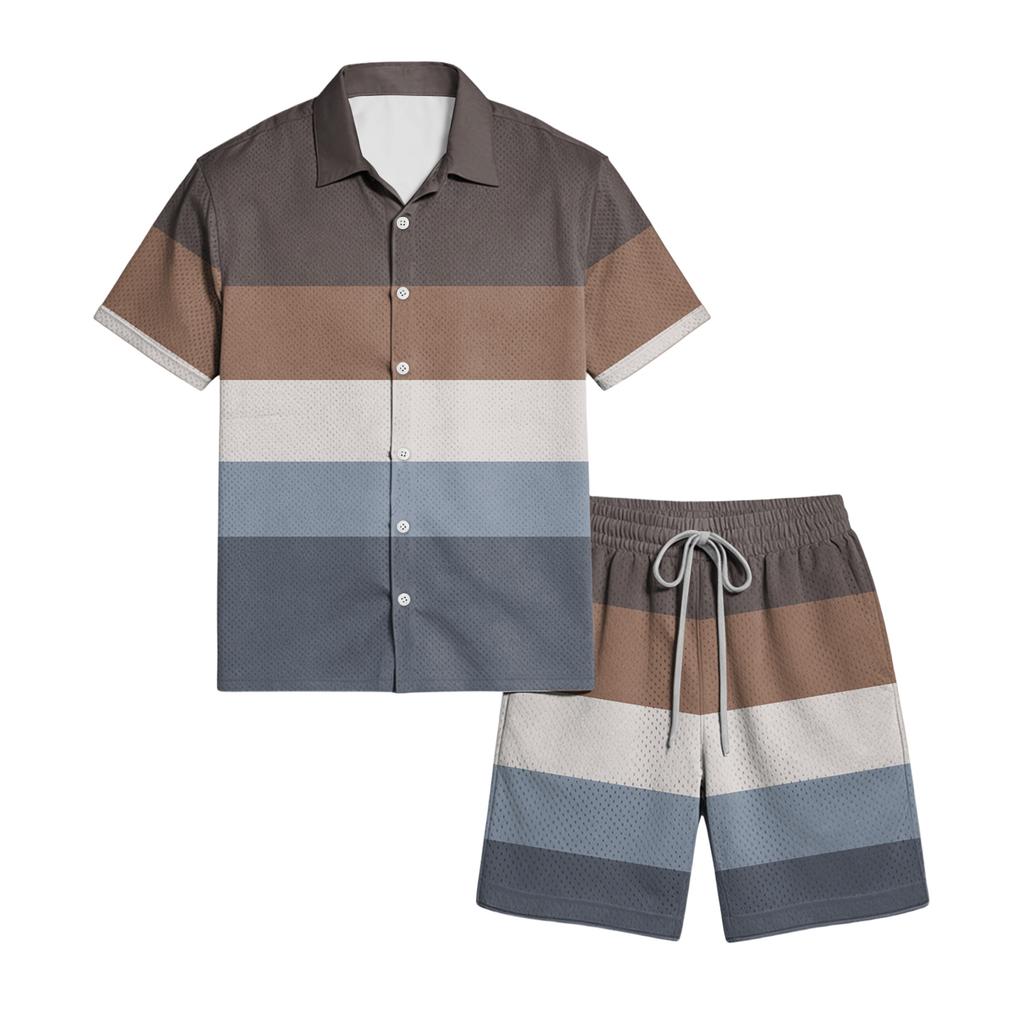 Herren Kurzarm Hemd mit Knöpfen und Shorts Set Lässiges Gestreiftes Zweiteiliges Outfit Entspannte Passform Sommerkleidung für Herren