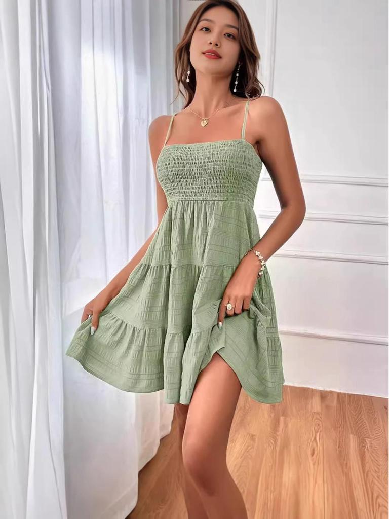 2026 European & American Summer Women's One-Shoulder Thin Strap Solid Color Versatile Dress