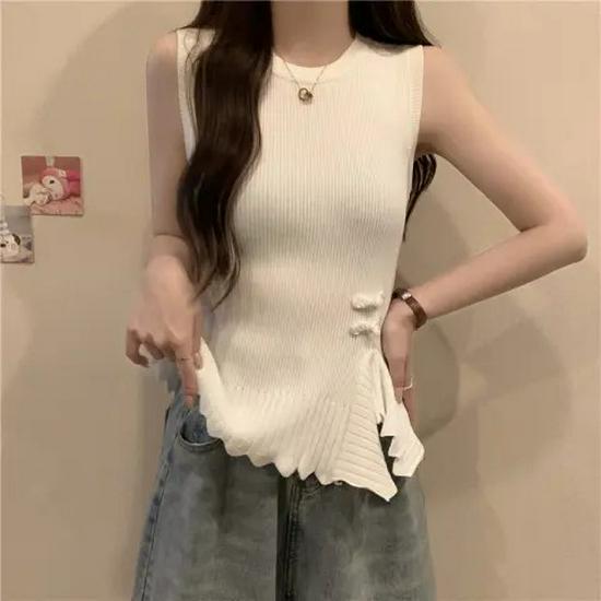 

Стильный летний вязаный жилет 2025 года с неровным краем и китайской застежкой «лягушка». One Size [Premium Version] белый