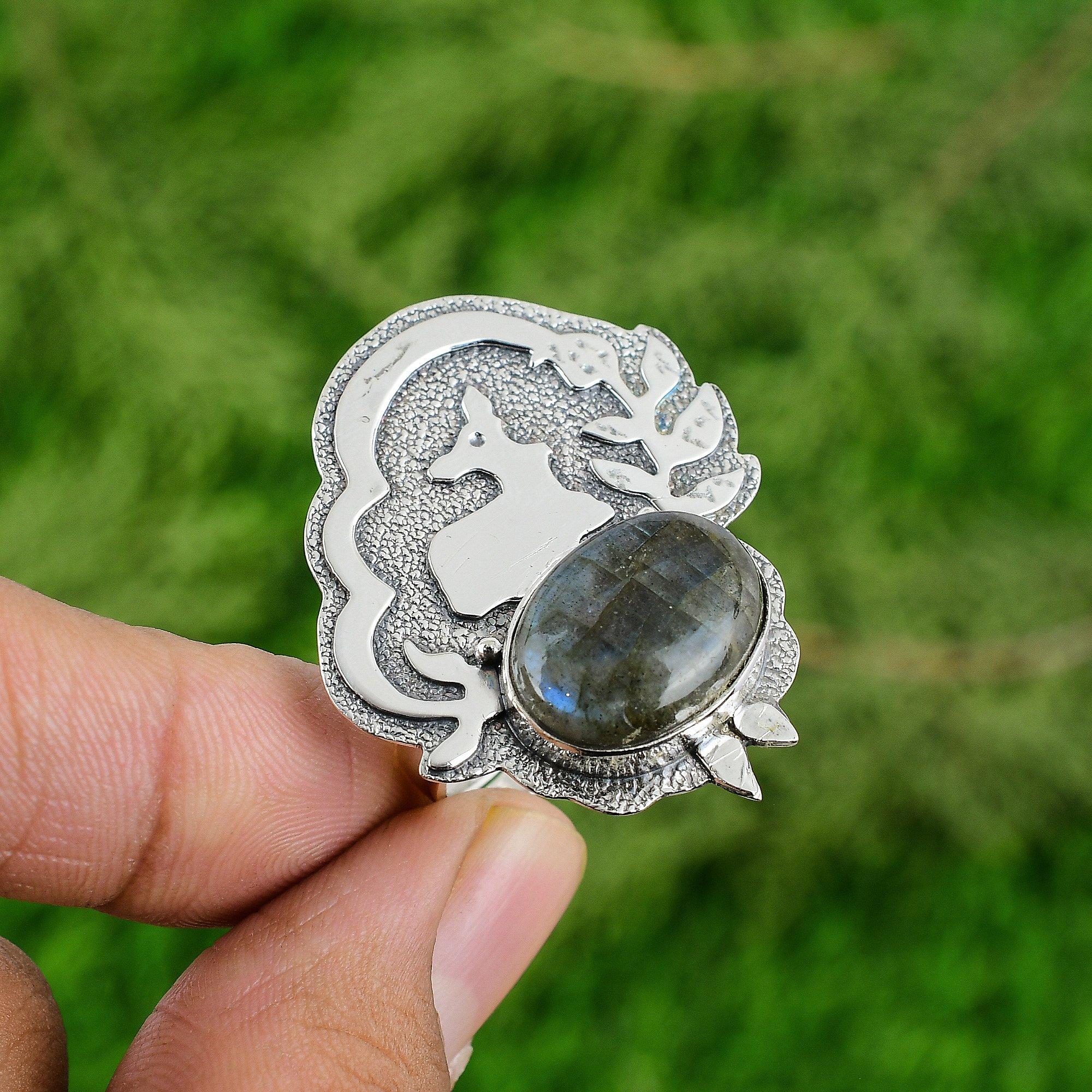 

Sterling Silver Natural Labradorite Wedding Bezel Stackable Wife Birthday Ring Adjustable