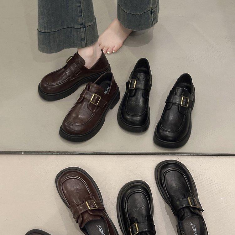 Platform loafers women's autumn 2025 new versatile British style one-pedal belt buckle casual single shoes women