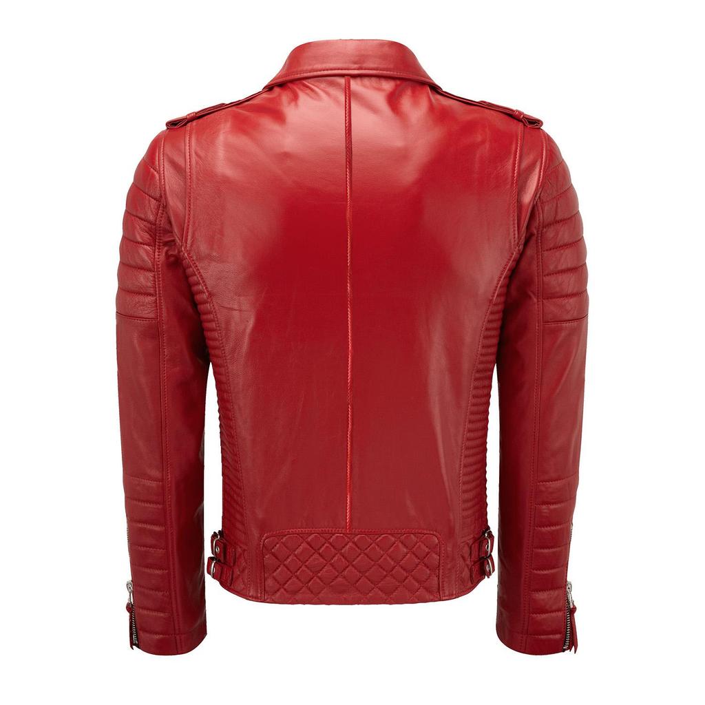 SKINOUTFIT Men's Motorcycle Leather Jacket Genuine Red Lambskin Café Racer Biker Outerwear