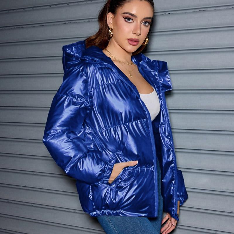 Winter Trendy Shiny Hooded Down Coat Women Long Sleeve Solid Color Slim Fit Cotton Warm Parkas Jacket